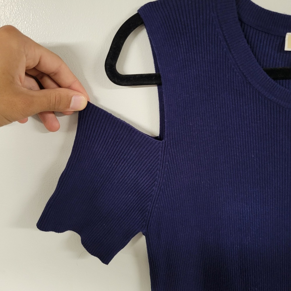 Michael Kors XL Navy Blue‎ Ribbed Knit Cold Shoulder Midi Dress - Picture 5 of 14